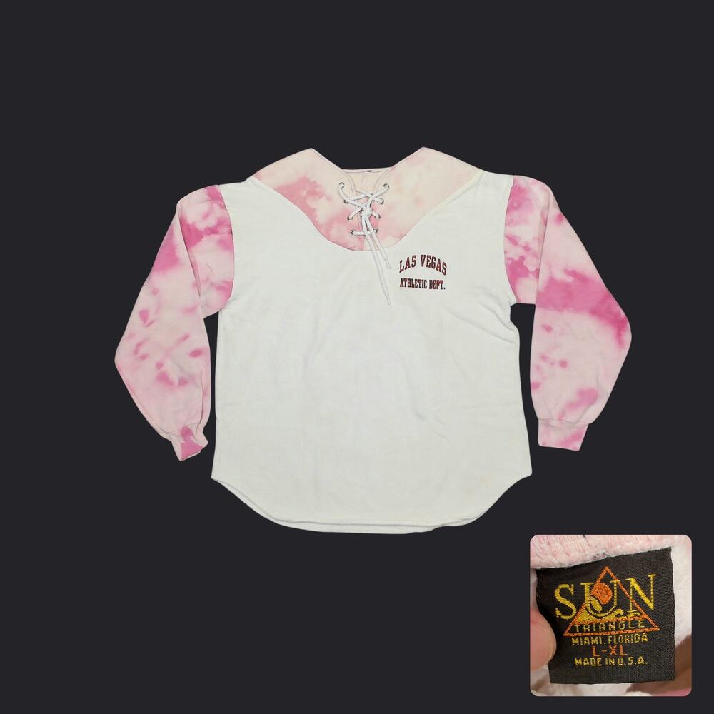 Vintage 90s Sun Sportswear Las Vegas Tie Dye Lace Up Sweatshirt Pink XL